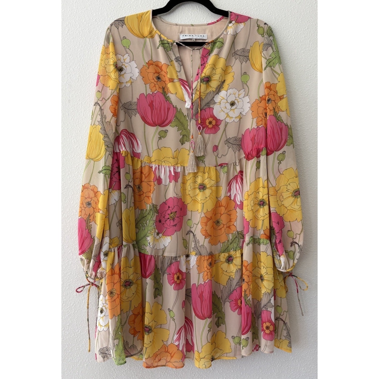 Trina Turk Colorful Floral Mini Dress Bohemian Tiered Size S Long Sleeve Hassle